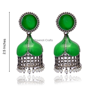 Indian Handmade Designer <b>Jhumkas</b> Green Plated <b>Silver</b> Oxidized <b>Jhumkas</b> Earrings Fashion Jewellery for Wedding , Haldi , Favors - Product Image 2