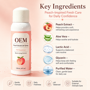 Spray Intime Féminin Vegan <span class=keywords><strong>Naturel</strong></span> OEM Parfum Pêche Fraîcheur Longue Durée Brume Corporelle Rafraîchissante Déodorant en Spray - Product Image 1