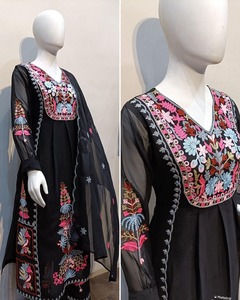 Vestido de oficina Georgette bohemio informal con cuello en V bordado hasta la rodilla Kurti lavable venta de exportación a granel - Product Image 5