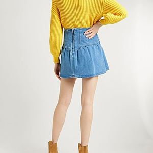 Short en jean décontracté pour femme, mini-jupe bleue, couleur délavée, coton tissé extensible, respirant, confortable, fermeture éclair au dos, pour le bureau - Product Image 4