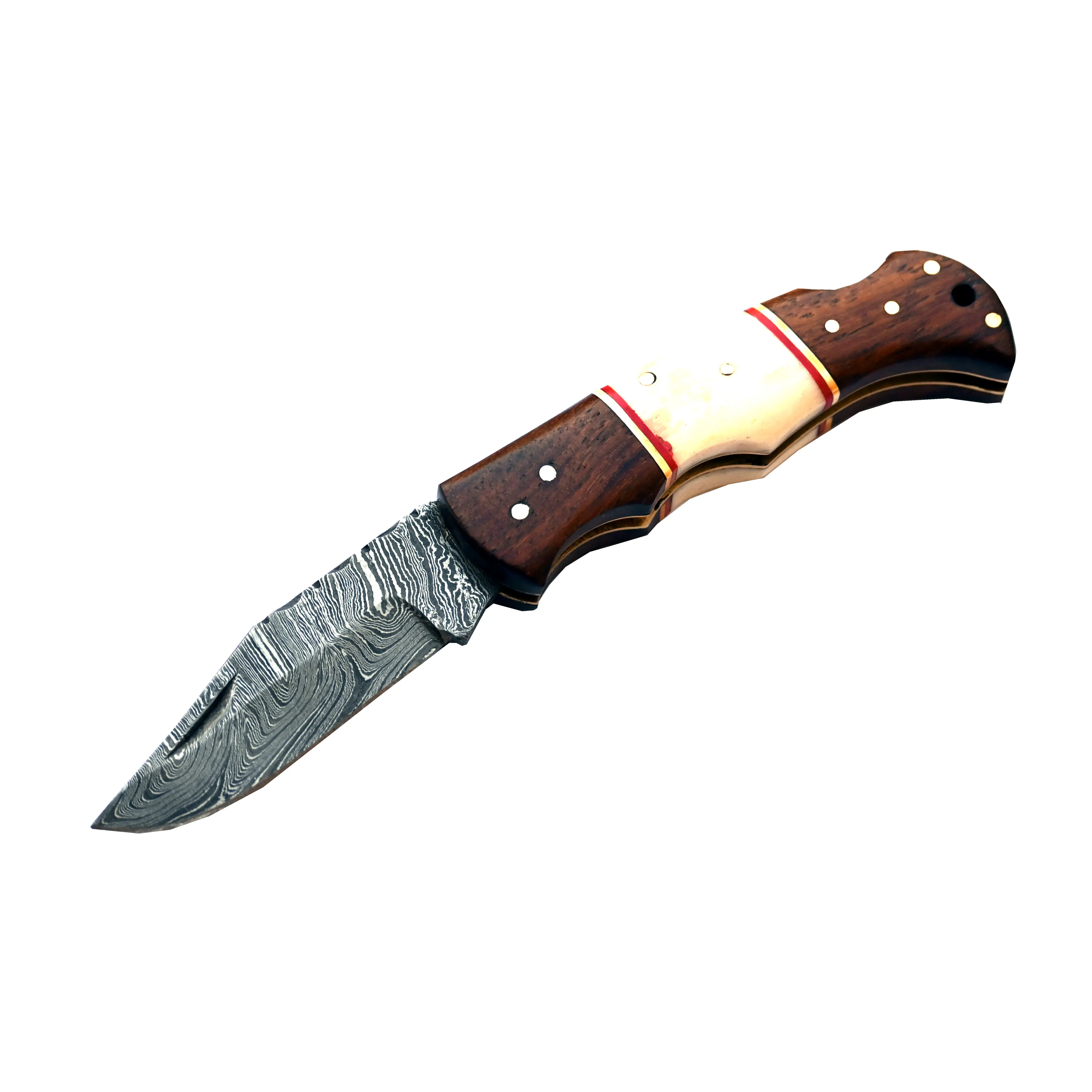 سكاكين جيب من الفولاذ الدمشقي مصنوعة يدويًا عالية الجودة بمقبض من العظم والخشب