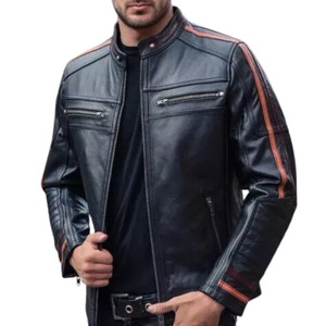 Chaqueta de moto de cuero negro genuino para jinetes con rayas rojas blindada CE chaqueta de moto de cuero de pista protegida para hombres - Product Image 1