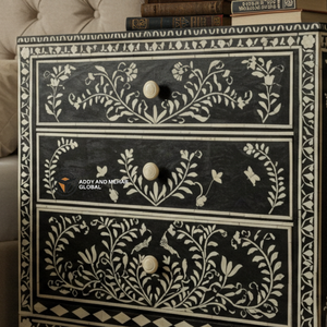 Designer <b>Black</b> Bone Inlay Nightstand Artistic Floral <b>Bedside</b> <b>Table</b> with Dual Drawers - Product Image 4