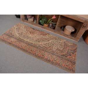 Turkish Vintage Patchwork Accent Rug 2.8x6 ft <b>Brown</b> Persian <b>Wool</b> Eco-Friendly Latex Backed - Product Image 2