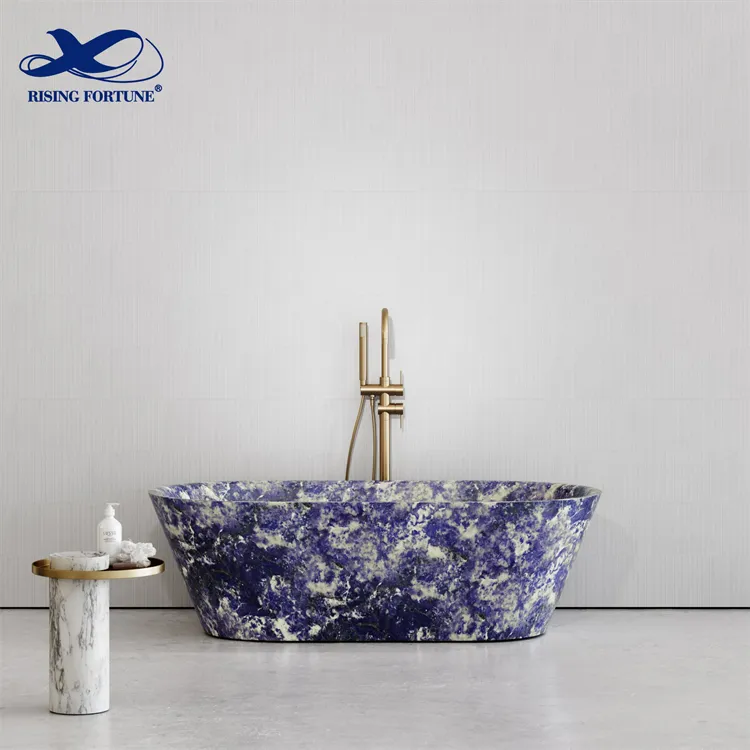 Beş yıldız otel standart Oval şekilli doğal mermer banyo küvet katı yüzey banyo küveti bolivya mavi mermer sodalite banyo