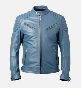 Veste de motard d'hiver décontractée à col montant pour hommes en cuir d'agneau véritable bleu marine avec fermeture à glissière ODM Supply Type - Product Image 1