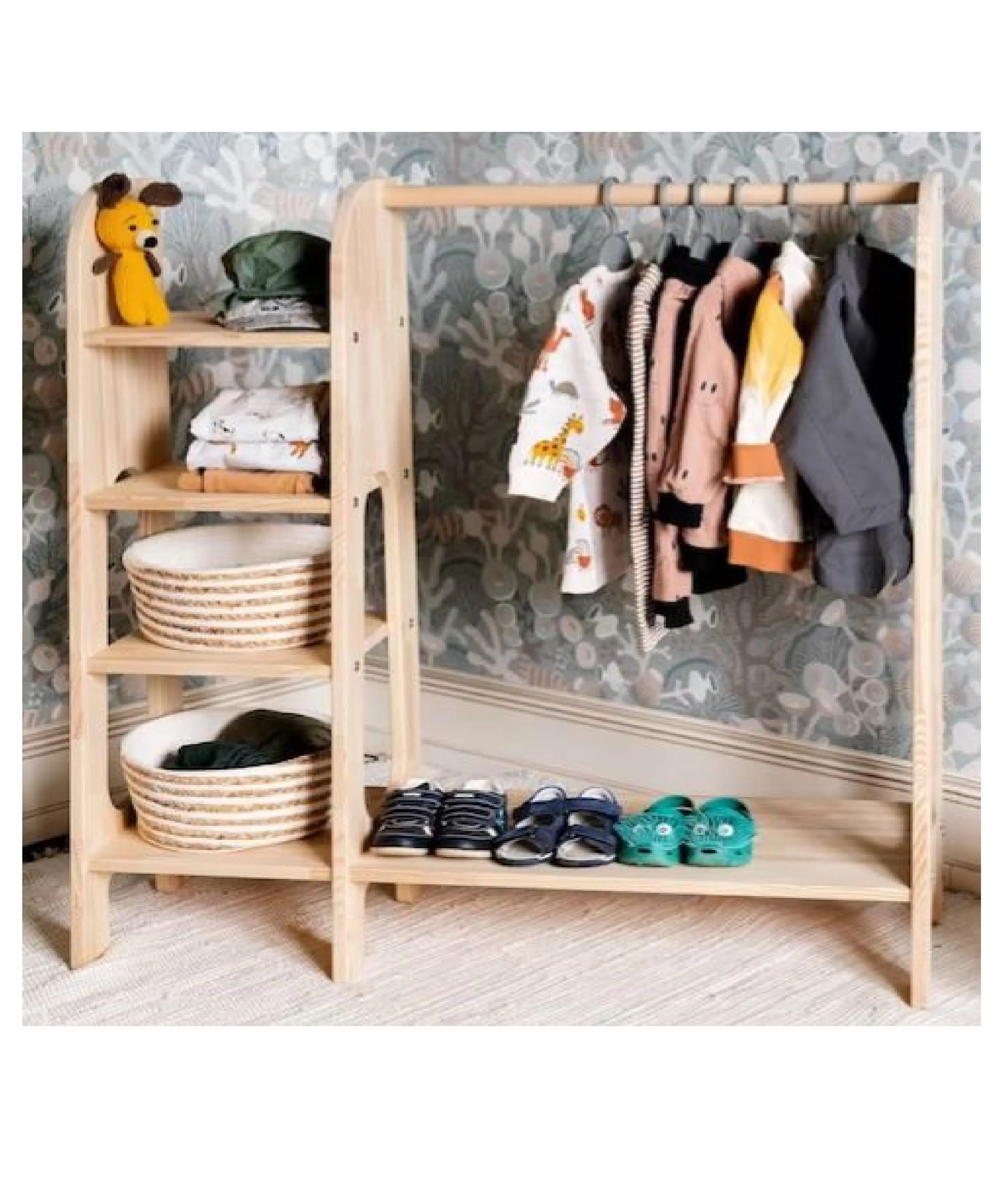 Vente en gros de vêtements porte-vêtements de luxe moderne de haute qualité meubles pour enfants porte-vêtements et étagère à chaussures en bois armoire pour enfants