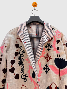 Blazer en lin brodé à la main avec motif floral, manches longues, col rabattu, veste de printemps pour femme, longueur normale, doublure en coton - Product Image 2