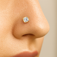 Suministro de Fábrica: Lindo Piercing de Nariz de Oro Amarillo Sólido de 14K con Circonita Cúbica de Corte Princesa de 3x3mm y Poste Curvo de 18G, Joyería para Regalo