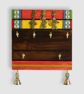 Tribal Borders Warli Hand-Painted Dhokra <b>Key</b> Holder In Sheesham Wood 6 Hooks Mounted Mail Holder for Home Wall Door <b>Key</b> Stand - Product Image 5