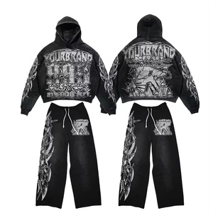 ชุดแทรคสูทสตรีทแวร์ผ้าเฟรนช์เทอร์รี่ 480 GSM หนานุ่ม ปักลายกราฟิกทั่วตัว แบบสั่งทำพิเศษ เสื้อฮู้ดดี้พิมพ์ลายกราฟิกทั่วตัว กางเกงขาบาน - Product Image 1