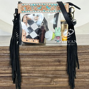 Sac à bandoulière pour femme avec franges, en cuir véritable travaillé à la main, sangle réglable, fermeture éclair, style vintage western bohème, sac à main transparent - Product Image 1