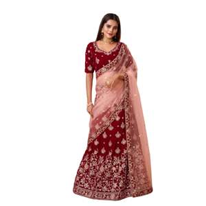 Trendmalls Lehenga Choli pour femme en velours brodé coupe trapèze avec dupatta en tulle (L79-Maroon) Écologique Lavable - Product Image 6
