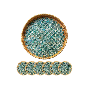 Nouvel ensemble de plateau de service en rotin avec incrustations de nacre, avec sous-verres et support, de forme ronde, pour décoration de table basse, en provenance du Vietnam - Product Image 1