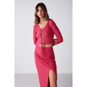 ETHIQUET Agneska Blouse courte à manches longues pour femme, col en V, en tissu extensible, style tricoté, avec lien croisé - Product Image 2