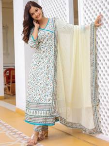 Mujeres étnicas Floral Impreso Hilo Trabajo Angrakha Anarkali viscosa Kurta Con Pantalones Dupatta indio Pakistán Salwar kameez - Product Image 5