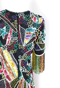 Robe élégante vintage à col rond et longueur thé manches longues gaine perlée motif cristal broderie droite formelle antistatique - Product Image 4