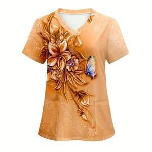 Camiseta de verano de manga corta Unisex en 3D con estampado Floral contemporáneo, camiseta médica veterinaria de enfermería, uniformes de Hospital, tela de sarga - Product Image 2