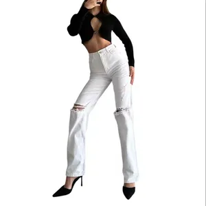 Watar Pantalon Jean Droit Taille Haute Déchiré Détail Genou Femme Blanc