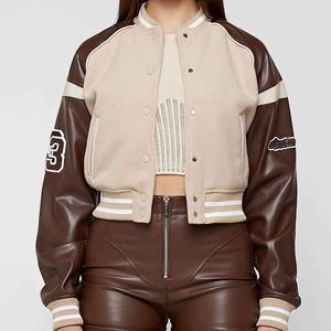 Vestes universitaires pour femmes Vestes Letterman Turn Down Shoulder Baseball College Jacket Prix avec cuir véritable pour femmes - Product Image 2