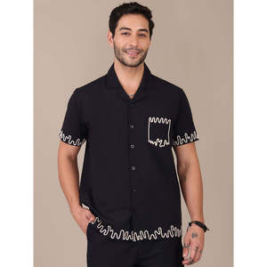 Amanush <b>Men's</b> Black <b>Short</b> <b>Sleeve</b> Casual <b>Shirt</b> With <b>White</b> Embroidered Geometric Pattern Turn-down Collar Summer Wear - Product Image 1
