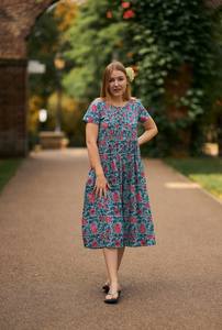 Hand Block Printed Rosabella Dress Boho Cotton Floral Grey Blue Rose Casual Occasion Dress - Product Image 4