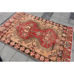 Alfombra Clásica de Lana Roja y Beige con Diseño de Patchwork, 4.3 x 6.3 pies, Estilo Kilim, Alfombra Rectangular Turca de Gran Tamaño, Respetuosa con el Medio Ambiente, con Base de Látex, para Pasillo - Product Image 4