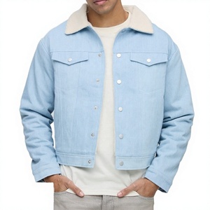 Men's Light Blue Denim <b>Jacket</b> With Sherpa Lining Turn-down Collar Casual Autumn Wear Regular Fit Single Breasted Button Closure - Product Image 2