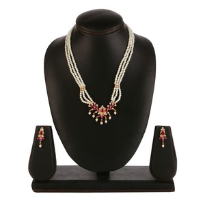 Fabricantes de joyería tradicional india, collar de hilo nupcial con cuentas de perlas de imitación de cristal, conjunto de joyería para mujer, Rosa - Product Image 2