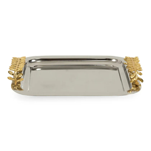 Luxury Silver Stainless Steel Square Tray with Golden Leaf Handles Decorative Serving Plate for Home Dining or Coffee <b>Table</b> - Product Image 3