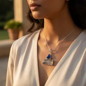 "925 <b>Silver</b> Princess Cut Blue Lapis & Rutilated Quartz <b>Cross</b> Charm Pendant for Women" - Product Image 2