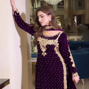 Ensemble de soirée en velours de viscose, look de créateur, haut-dupatta et bas entièrement cousu - Product Image 1