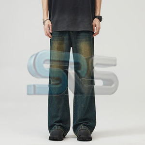 Pantalones de Hombre Holgados de Mezclilla Lavada, Estilo Baggy, Color Sólido, Cómodos, con Logotipo Personalizado, Cintura Recta de Moda, Algodón - Product Image 1
