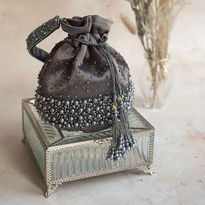 Dark Grey Silk Fabric Evening Bags with Embroidery <b>Embellished</b> with Crystal Glass Beads & Pearls for Party or Wedding in 2024 - Product Image 1