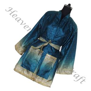 KS003 2024 Vintage seda Sari Floral estampado corto Vintage Sari Kimono Long Beach Cover UP vestido étnico indio Maxi Albornoz vestido - Product Image 3