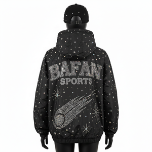 Chaqueta Cortavientos con Capucha para Mujer, Calidad Premium, Poliéster, Estilo Panel Negro, Logotipo de Pedrería, Chaqueta Cortavientos para Mujer - Product Image 2