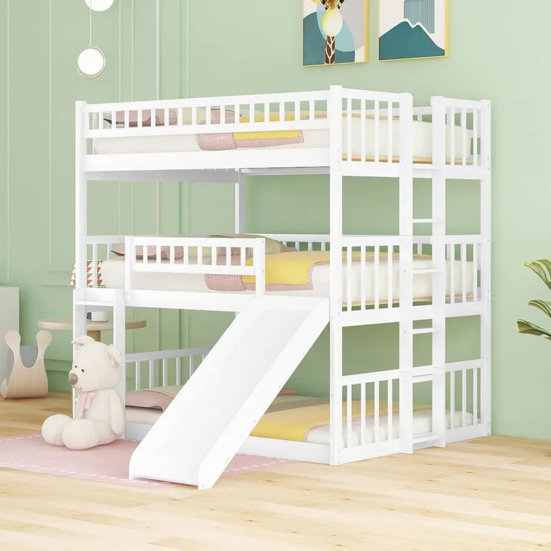 Bedroom Furniture Full Sized Wooden Frame Kids Teens Boys Girls Children Double Decker Bed Twin Over Twin Bunk Bed with Slide