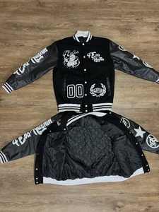 Chaqueta Universitaria Letterman, Manga de Cuero Genuino, Cuello Alto, Tela Delgada de Lona, Ropa Masculina de Alta Calidad, Ecológica - Product Image 4