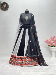 NAVRATRI SPECIAL Gamthi Work Digital Printed Lehengas Choli Dupatta <b>Black</b> White <b>Pakistani</b> Ethnic <b>Dress</b> Made Silk Fancy Real - Product Image 4