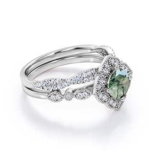 Anillo de Boda para Mujer de Plata de Ley 925 Chapado en Oro de 14k con Ágata Musgosa y Circonita Cúbica, Doble Banda Elegante para Fiestas y Regalos - Product Image 2