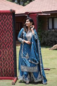 New Zain Exports Coloured Embroidered Attractive Reversible All Seasons Women's Wedding Party Wear Chinon <b>Silk</b> <b>Fabric</b> Sharara - Product Image 3
