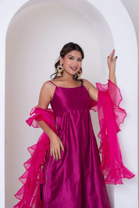 Ghazal raani ชุดลำลองผ้าไหมคอตตอนสีชมพูแบบลำลองมีขอบผ้าโปร่งมีขอบระบายอากาศและรอบเอวตามธรรมชาติ - Product Image 5