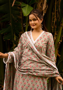 Conjunto de Traje Bordado en Algodón con Estampado a Mano SUNHARI GREY PHOOL JAAL con DUPATTA para Adolescentes, Ropa Casual - Product Image 6