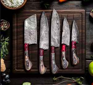 Premium High Quality Damascus <b>Steel</b> 5-Pcs Chef Knife Set Handmade Hot Selling Kitchen Use Direct Factory Stylish Chef Knives - Product Image 1