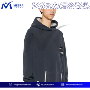 Raw Finish Distressed Hoodie for Men - Grunge-Inspired Cotton Blend Sweatshirt with Ripped <b>Detailing</b>, Faded Wash - Product Image 3