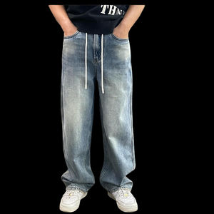 Casual Men's 2025 Custom <b>Jeans</b> for Spring Summer Thickened Cotton Straight Loose <b>Elastic</b> Mid Breathable Denim Medium Plain Dyed - Product Image 2