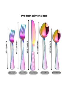Ensemble de couverts écologiques en acier inoxydable arc-en-ciel coloré, manche à carreaux, couverts élégants pour la maison, les repas en plein air, les voyages - Product Image 4