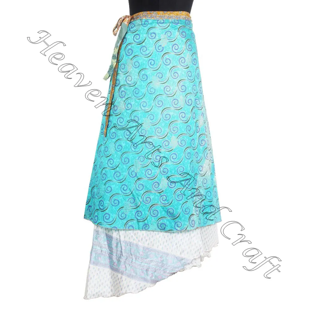 Vintage hint ipek Sari 2 katmanlı sihirli sarma etekler plaj giyim 38 inç etek kadın giyim Vintage ipek Sari uzun uzunluk Wrap