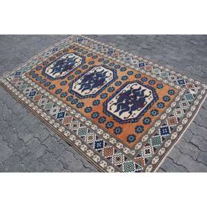 Alfombra Vintage, Alfombra Turca de 4.7x6.7 pies, Alfombra de Lana con Diseño Floral Azul - Product Image 2