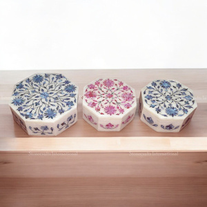 Caja de joyería blanca de mármol redondo con Incrustaciones de nácar de arte Floral de venta de exportación, embalaje personalizado disponible - Product Image 1